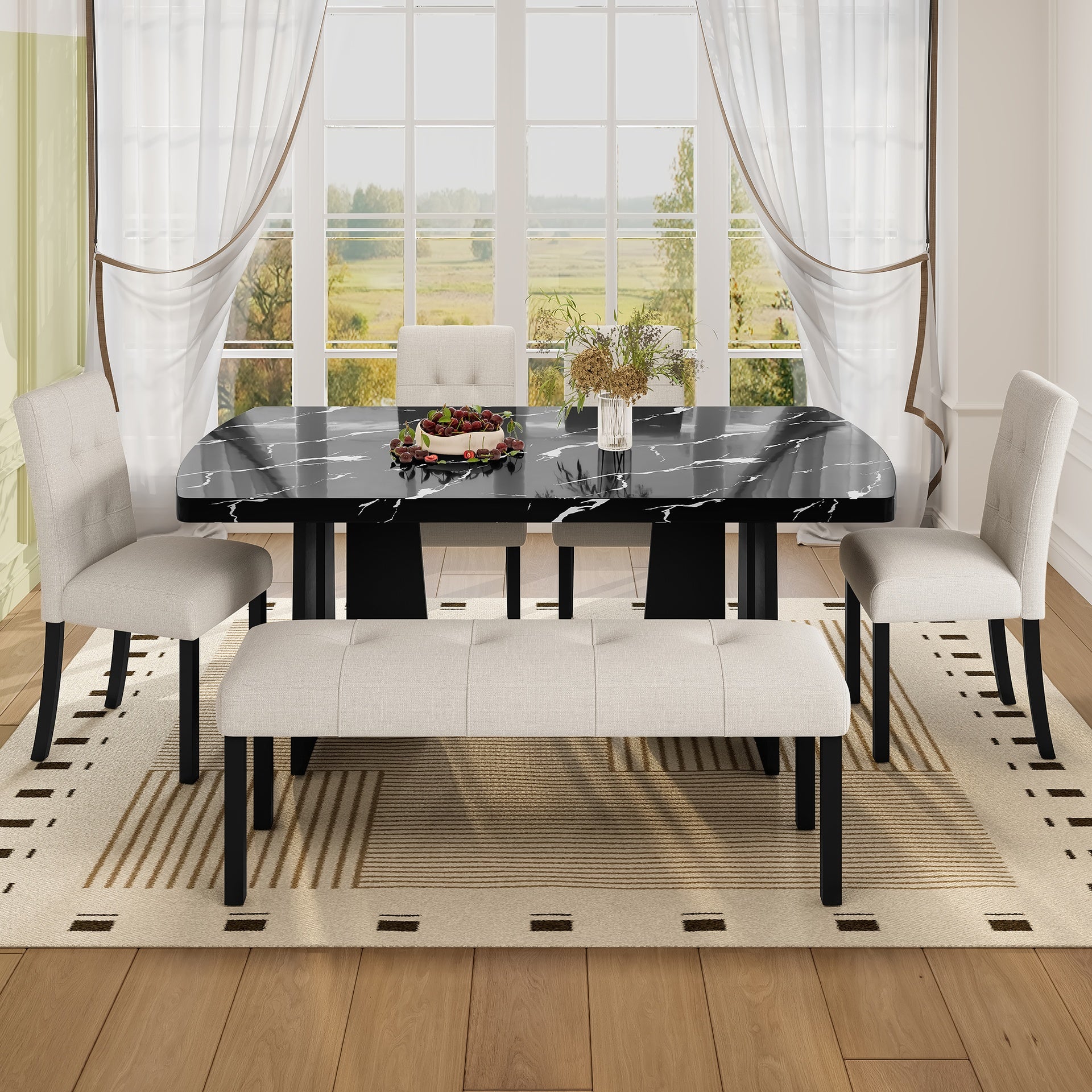 6 Piece Modern Dining Table Set, 63" Faux Marble Dining Table with Geometric Legs & 4 Upholstered Chairs & 1 Bench, Suitable for Dining Kitchen Room,Easy to Assemble, Beige+Black
