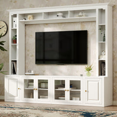 4-Piece Modern Entertainment Center Wall Unit with Bookshelves, All-in-1 Large TV Stand with Tempered Glass Door for TVs Up to 80", 92inch Media Console with Adjustable Shelves for Living Room, White