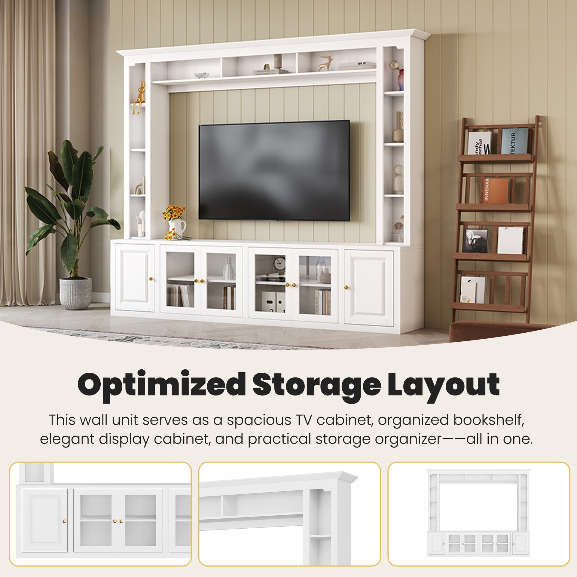 4-Piece Modern Entertainment Center Wall Unit with Bookshelves, All-in-1 Large TV Stand with Tempered Glass Door for TVs Up to 80", 92inch Media Console with Adjustable Shelves for Living Room, White