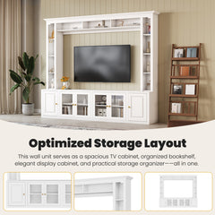 4-Piece Modern Entertainment Center Wall Unit with Bookshelves, All-in-1 Large TV Stand with Tempered Glass Door for TVs Up to 80", 92inch Media Console with Adjustable Shelves for Living Room, White