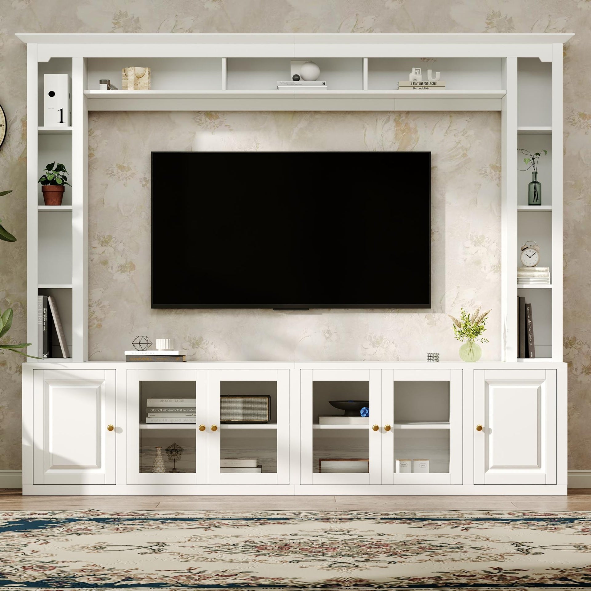 4-Piece Modern Entertainment Center Wall Unit with Bookshelves, All-in-1 Large TV Stand with Tempered Glass Door for TVs Up to 80", 92inch Media Console with Adjustable Shelves for Living Room, White