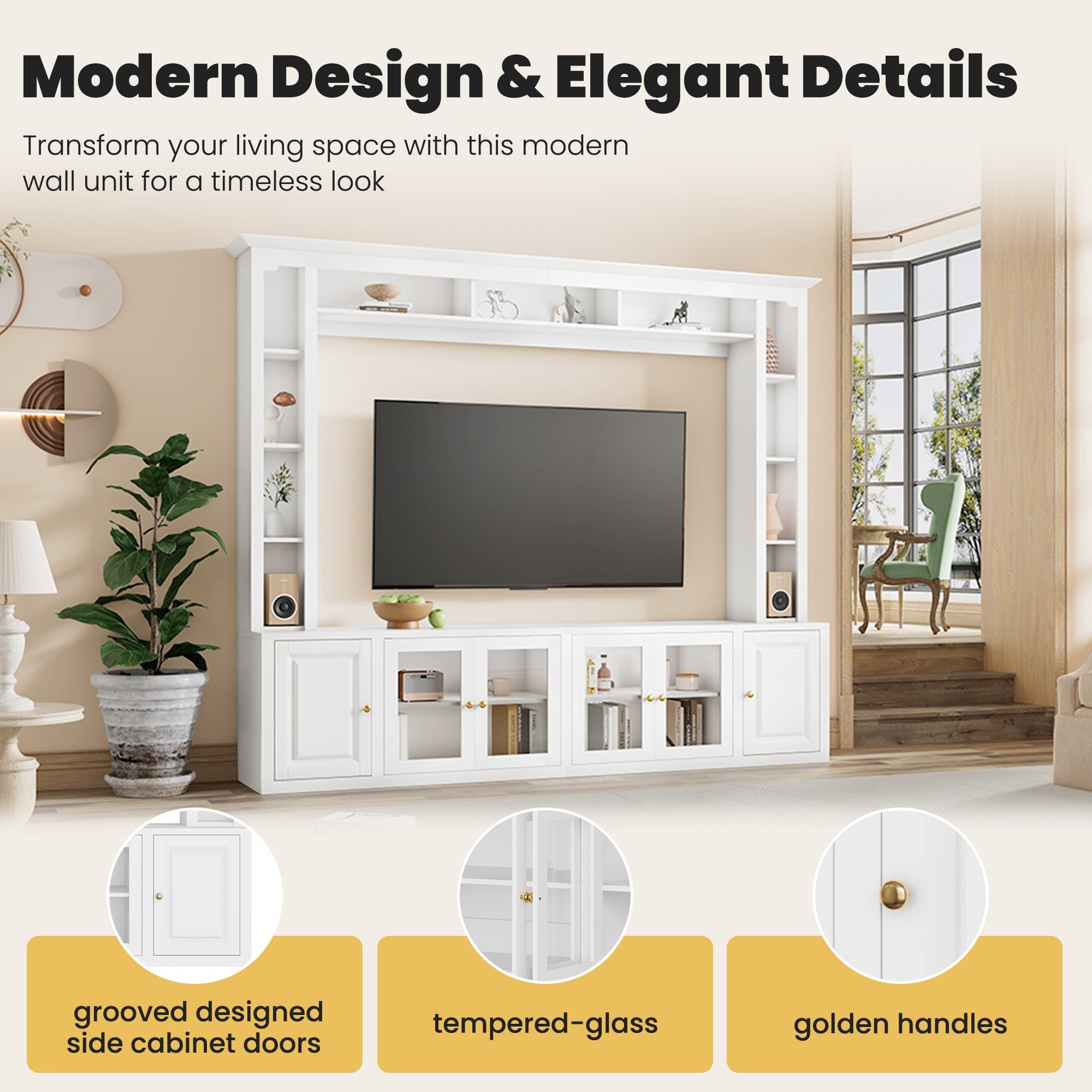 4-Piece Modern Entertainment Center Wall Unit with Bookshelves, All-in-1 Large TV Stand with Tempered Glass Door for TVs Up to 80", 92inch Media Console with Adjustable Shelves for Living Room, White