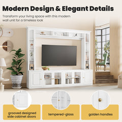 4-Piece Modern Entertainment Center Wall Unit with Bookshelves, All-in-1 Large TV Stand with Tempered Glass Door for TVs Up to 80", 92inch Media Console with Adjustable Shelves for Living Room, White