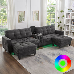 Modern Sectional Sofa 126" U-shaped Sectional Sofa Modular Sectional Couch with Movable Storage Ottomans, multifunctional Console, Bluetooth Speakers and LED Lights for Living Room, Grey
