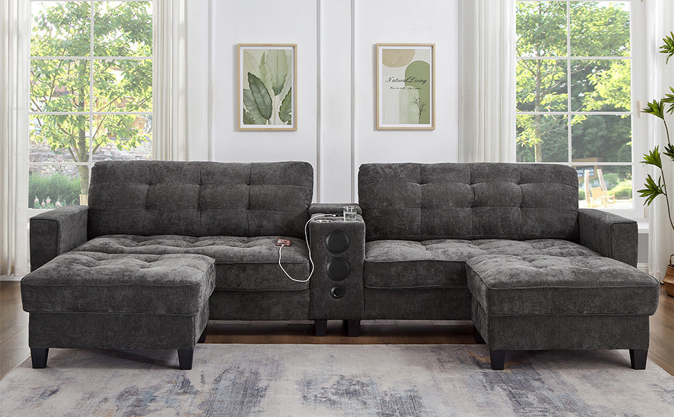 Modern Sectional Sofa 126" U-shaped Sectional Sofa Modular Sectional Couch with Movable Storage Ottomans, multifunctional Console, Bluetooth Speakers and LED Lights for Living Room, Grey