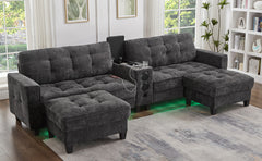 Modern Sectional Sofa 126" U-shaped Sectional Sofa Modular Sectional Couch with Movable Storage Ottomans, multifunctional Console, Bluetooth Speakers and LED Lights for Living Room, Grey