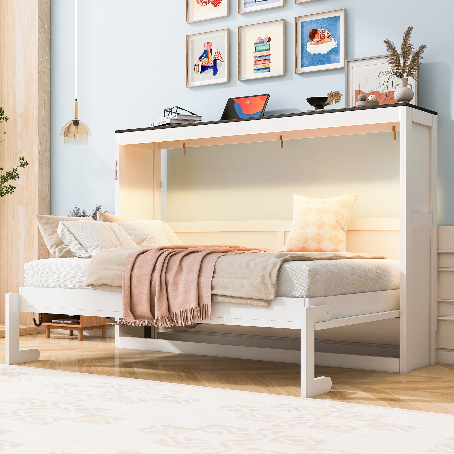 Twin Size Murphy Bed with LED Light,can be Folded into a Cabinet,Hidden Wall Bed Cabinet,White+Brown