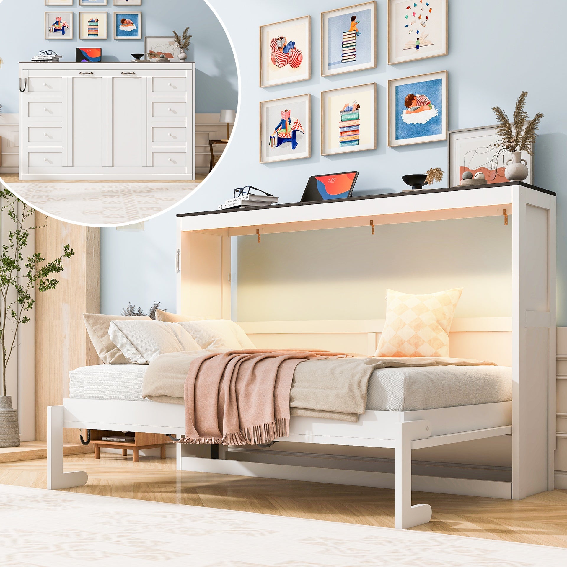 Twin Size Murphy Bed with LED Light,can be Folded into a Cabinet,Hidden Wall Bed Cabinet,White+Brown