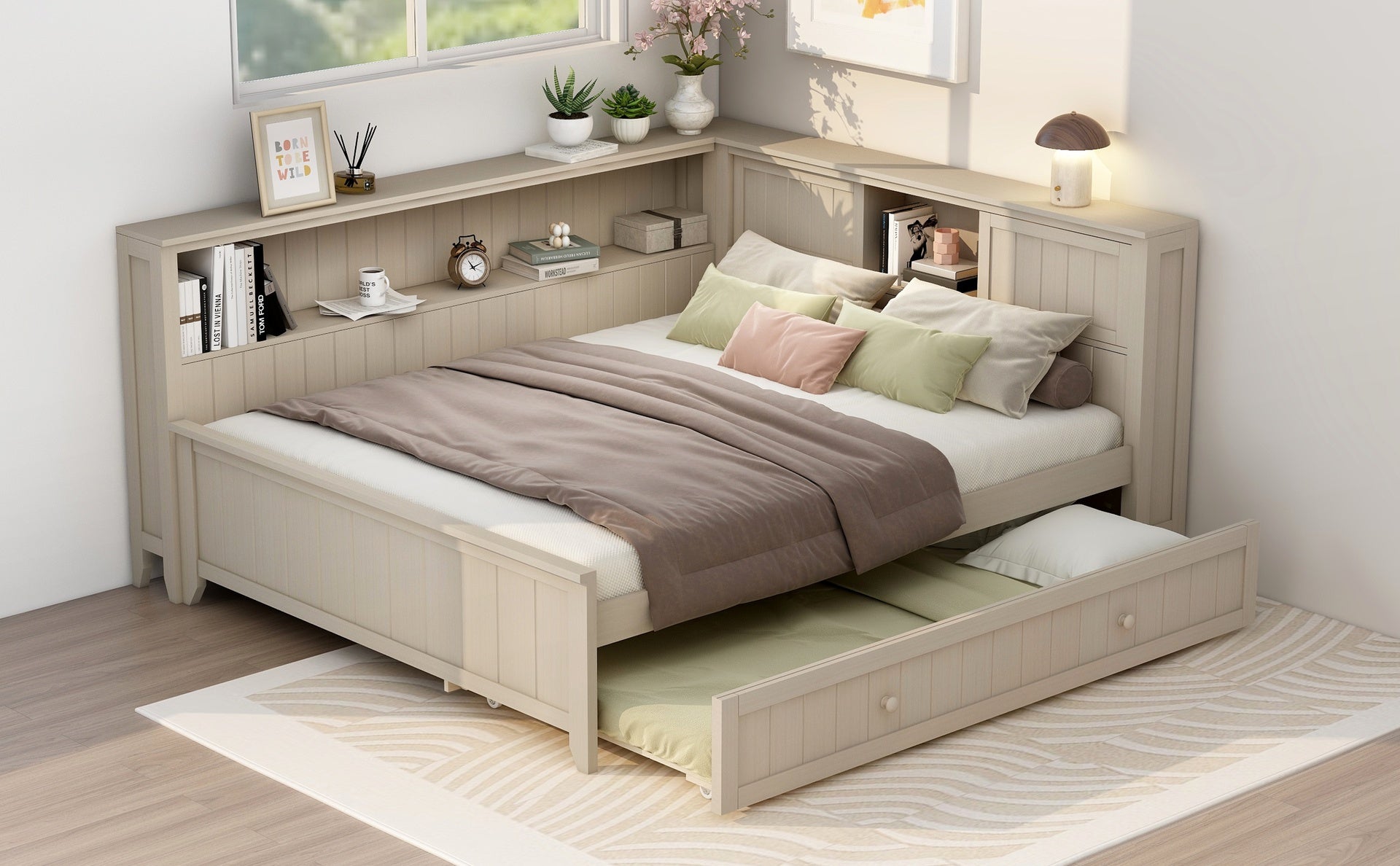 Full Size Wood Daybed with Storage Shelves and Trundle, Antique White Milk