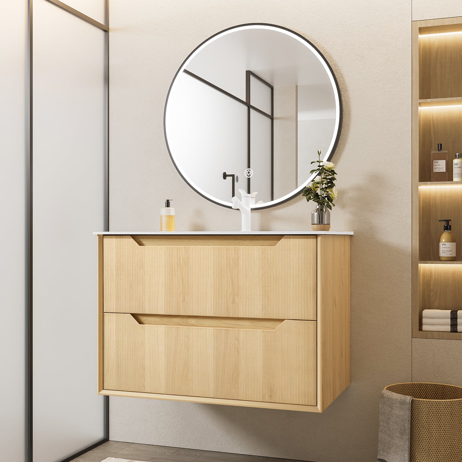 32-Inch Floating Bathroom Vanity with Sink, Pre-assembled, Natural Oak Grid Texture Front, Multi-Layer Solid Wood, Wall-Mounted, White Stone Top, 2 Soft-Close Drawers