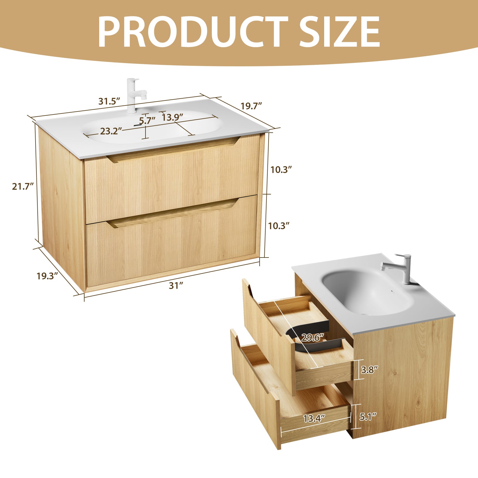 32-Inch Floating Bathroom Vanity with Sink, Pre-assembled, Natural Oak Grid Texture Front, Multi-Layer Solid Wood, Wall-Mounted, White Stone Top, 2 Soft-Close Drawers