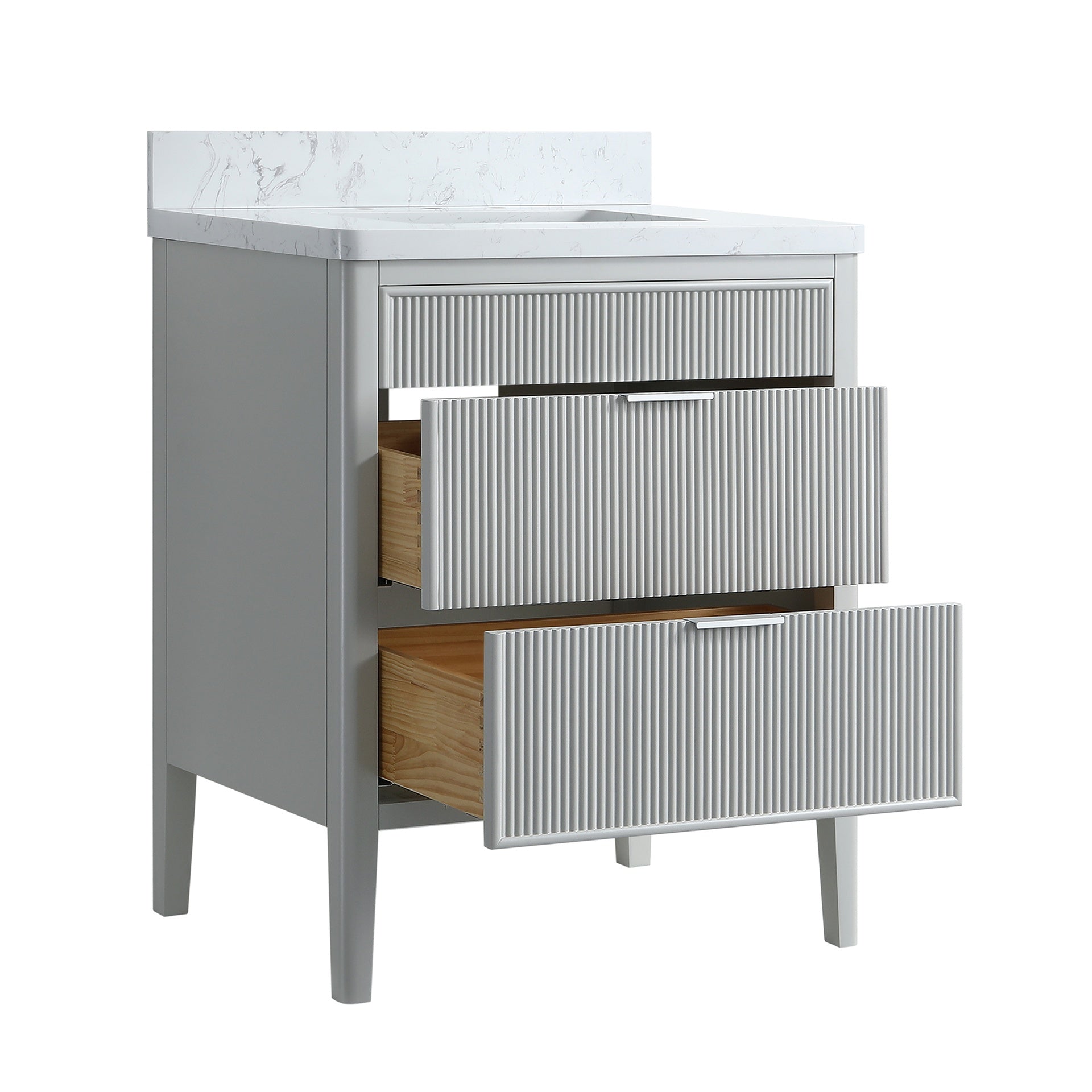 Fully Assembled 30''  Grey Freestanding Single Sink Bathroom Vanity with 2 Handle Sets and Engineered Marble Top