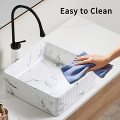 Square Vessel Sink Black White Marble 15"x15" Inch Bathroom Vessel Sink Round Above Counter Sink,Porcelain Ceramic Countertop Washing Art Basin for Vanity Lavatory Bath Cabinet with faucet Darin