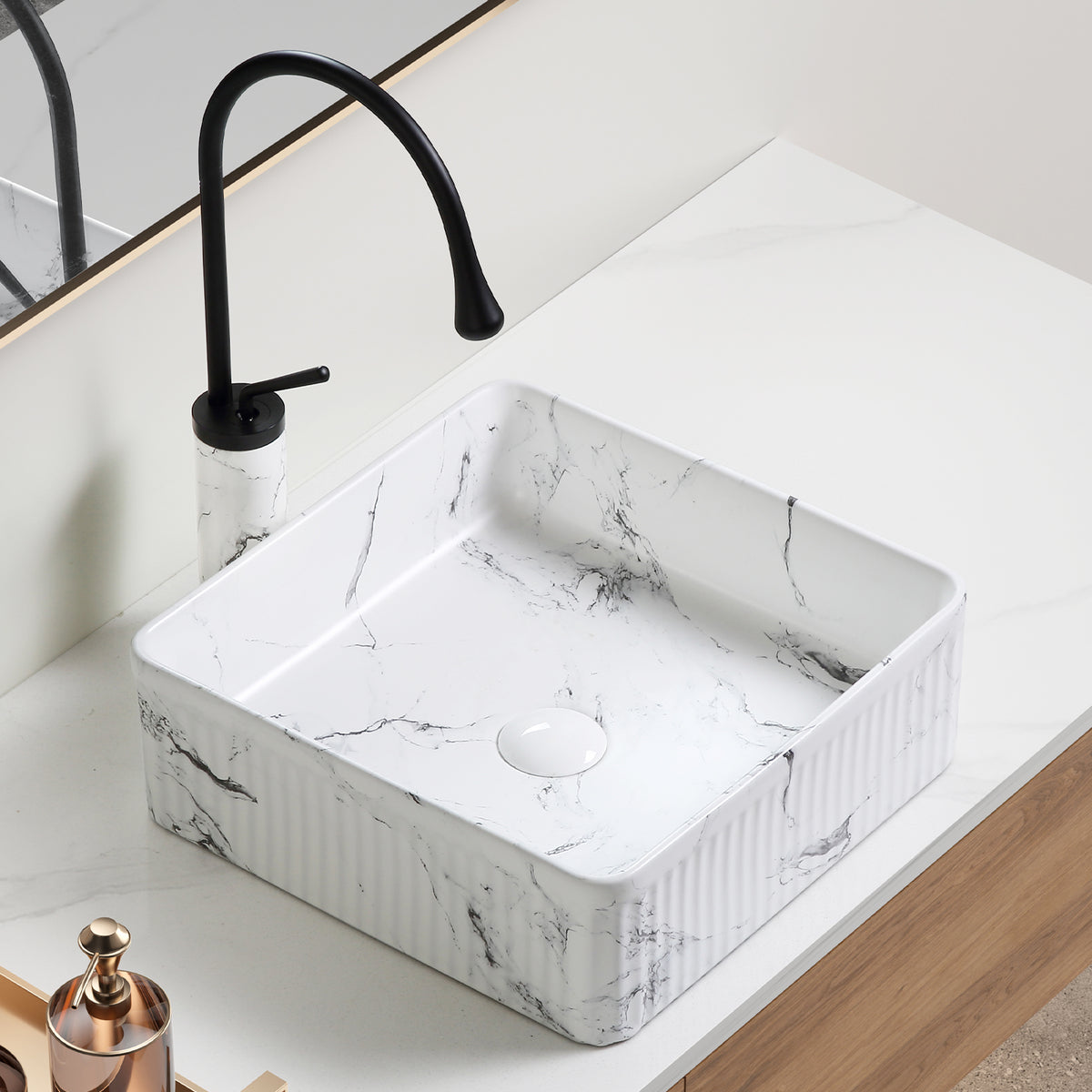 Square Vessel Sink Black White Marble 15"x15" Inch Bathroom Vessel Sink Round Above Counter Sink,Porcelain Ceramic Countertop Washing Art Basin for Vanity Lavatory Bath Cabinet with faucet Darin