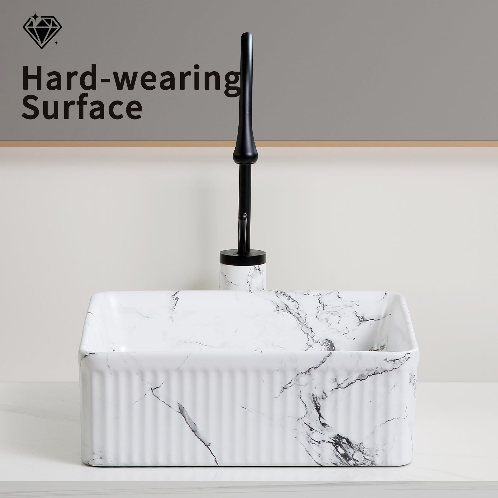 Square Vessel Sink Black White Marble 15"x15" Inch Bathroom Vessel Sink Round Above Counter Sink,Porcelain Ceramic Countertop Washing Art Basin for Vanity Lavatory Bath Cabinet with faucet Darin