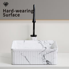 Square Vessel Sink Black White Marble 15"x15" Inch Bathroom Vessel Sink Round Above Counter Sink,Porcelain Ceramic Countertop Washing Art Basin for Vanity Lavatory Bath Cabinet with faucet Darin