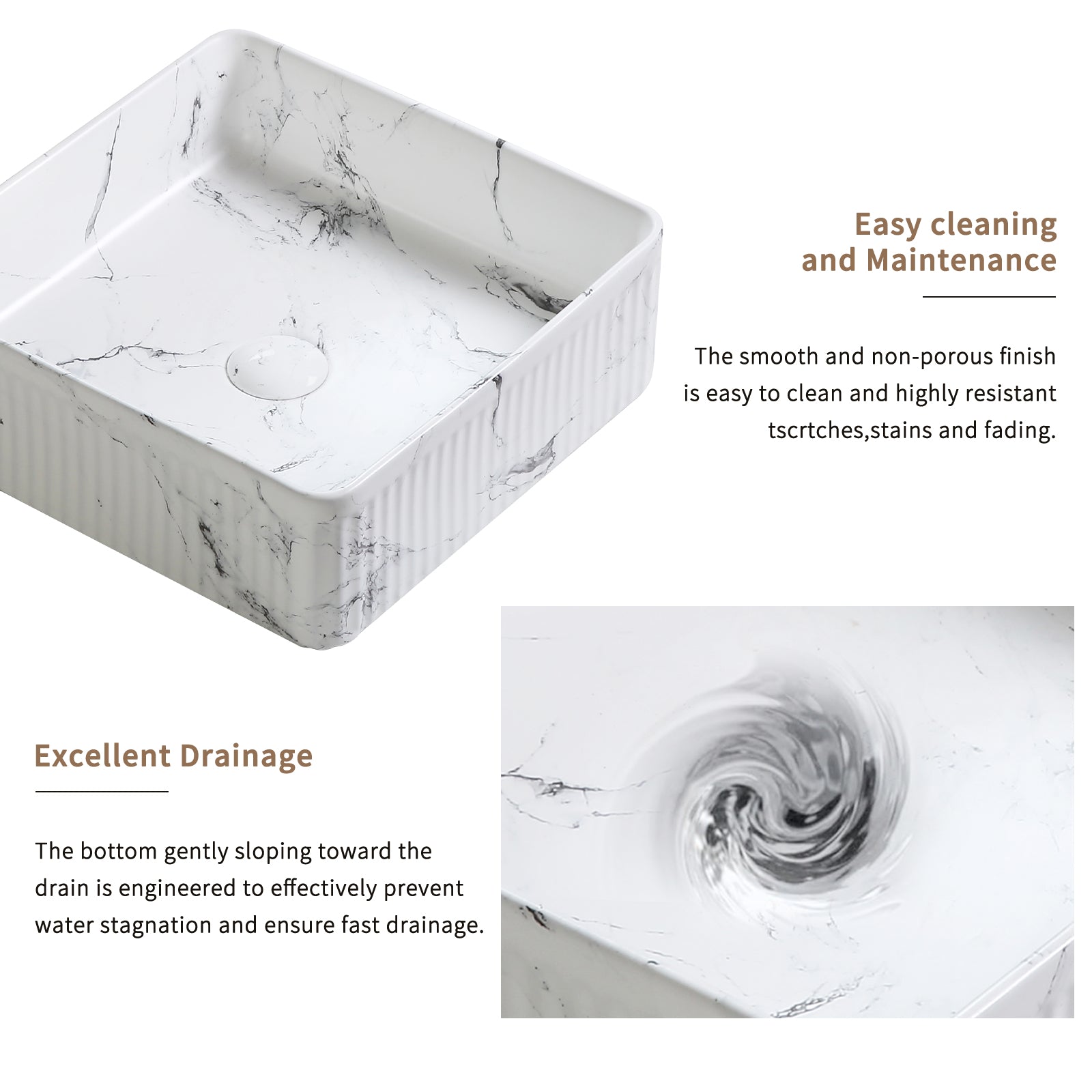 Square Vessel Sink Black White Marble 15"x15" Inch Bathroom Vessel Sink Round Above Counter Sink,Porcelain Ceramic Countertop Washing Art Basin for Vanity Lavatory Bath Cabinet with faucet Darin