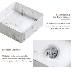 Square Vessel Sink Black White Marble 15"x15" Inch Bathroom Vessel Sink Round Above Counter Sink,Porcelain Ceramic Countertop Washing Art Basin for Vanity Lavatory Bath Cabinet with faucet Darin