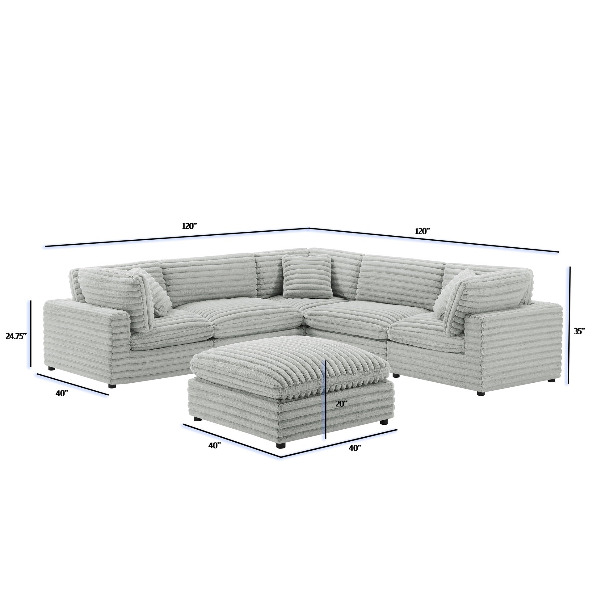 Jenny 6-piece Modular Sectional in Ultra Plush Gray Polyester Cord-Like Fabric