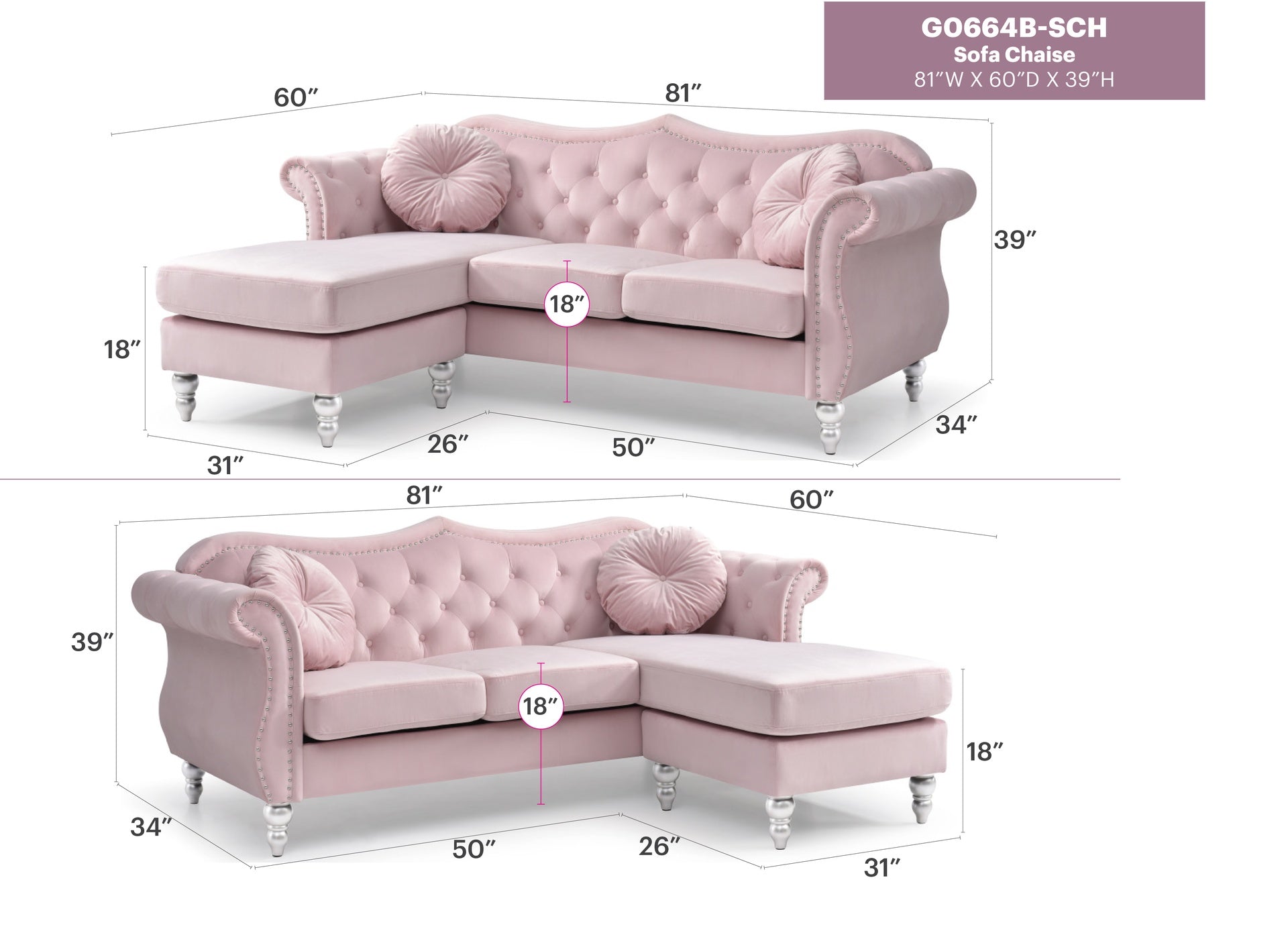 Glory Furniture Hollywood G0664B-SC Sofa Chaise , PINK