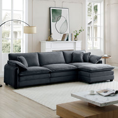 Oversize 3-seater sofa with One footrest, L-shaped Sectional sofa with ottoman for living rooms,Grey corduroy sofa