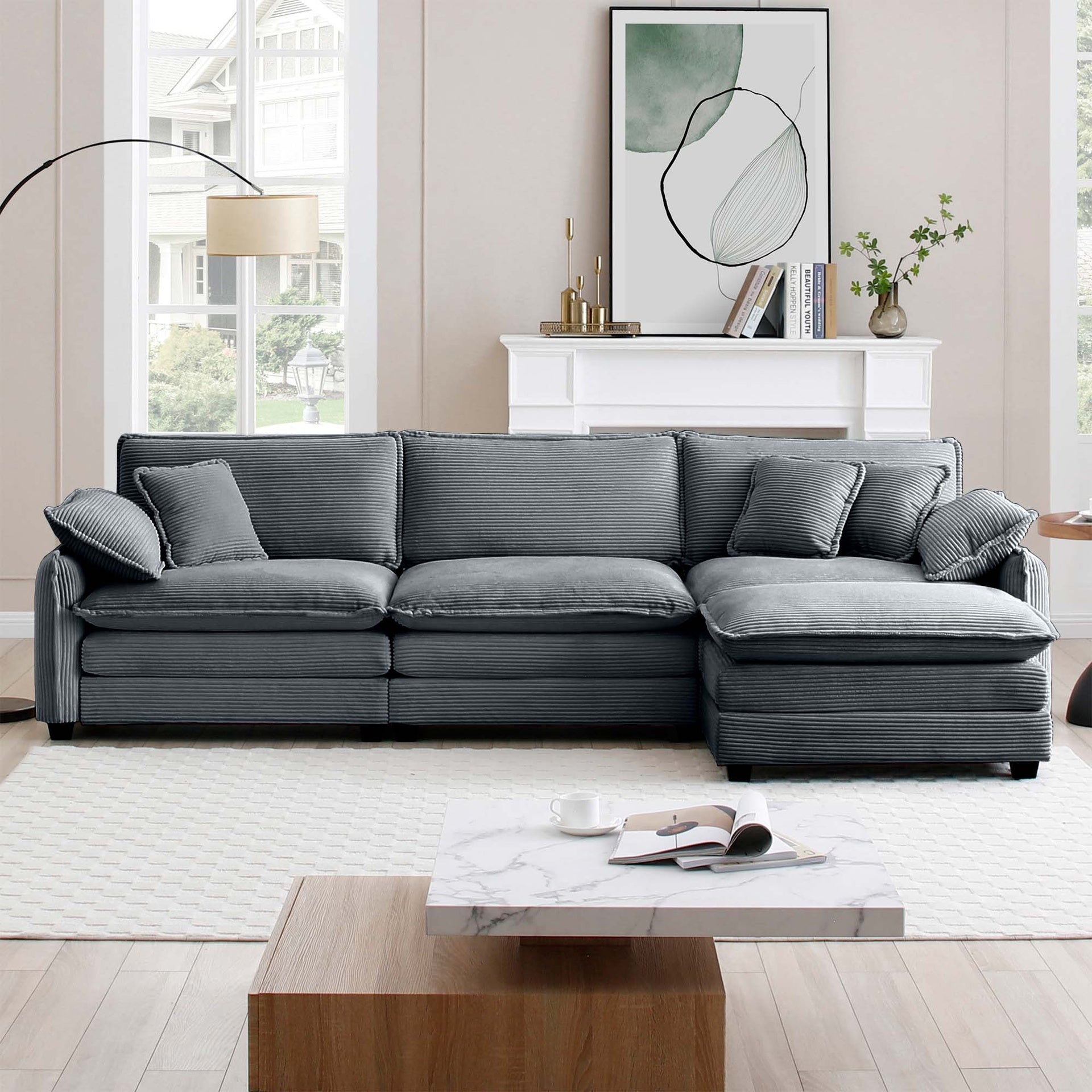 Oversize 3-seater sofa with One footrest, L-shaped Sectional sofa with ottoman for living rooms,Grey corduroy sofa