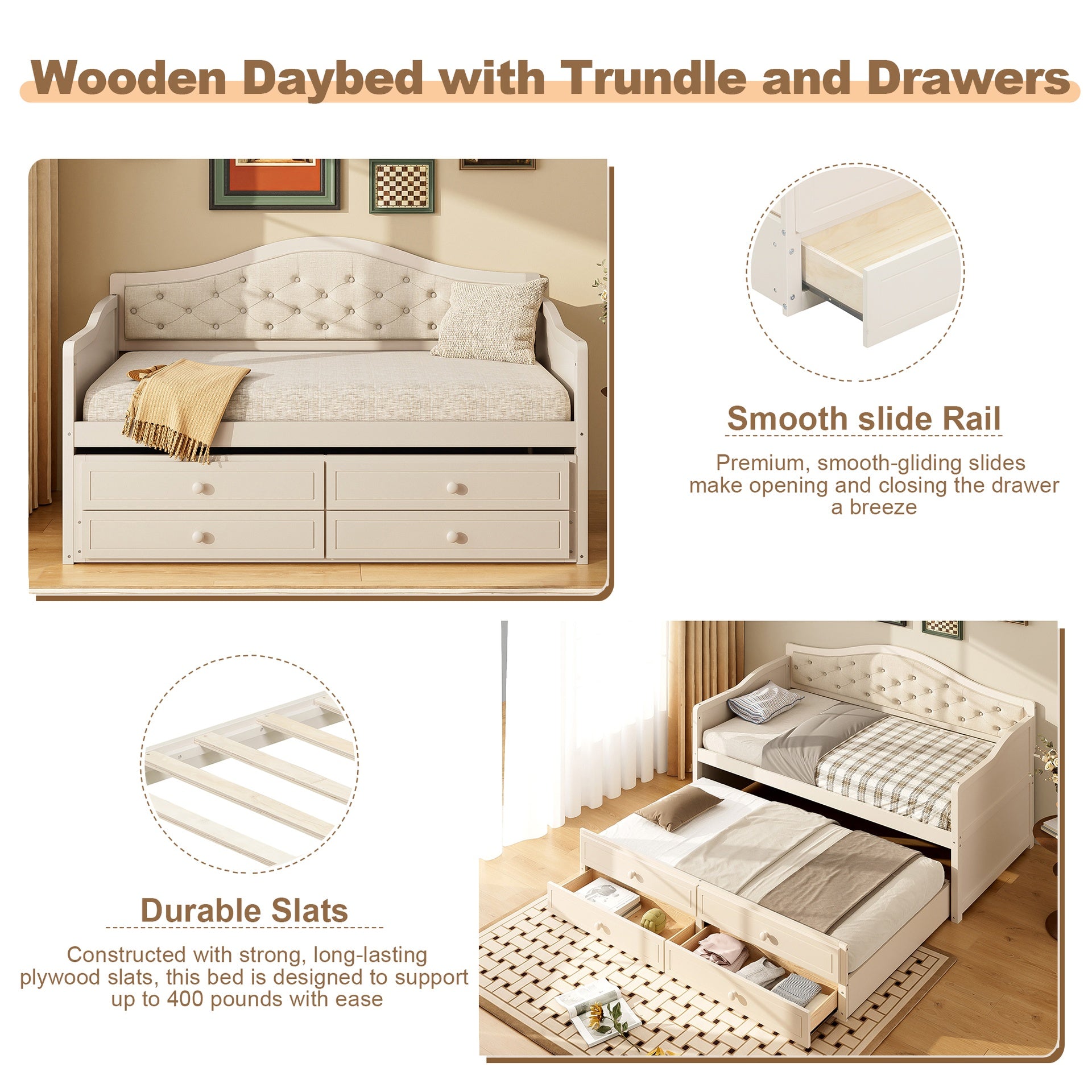 Twin Daybed with Trundle, Twin Size Daybed with 2 Storage Drawers, Wooden Sofa Bed with Upholstered Button Tufted Backrest for Living Room, Bedroom, Guest Room,Beige