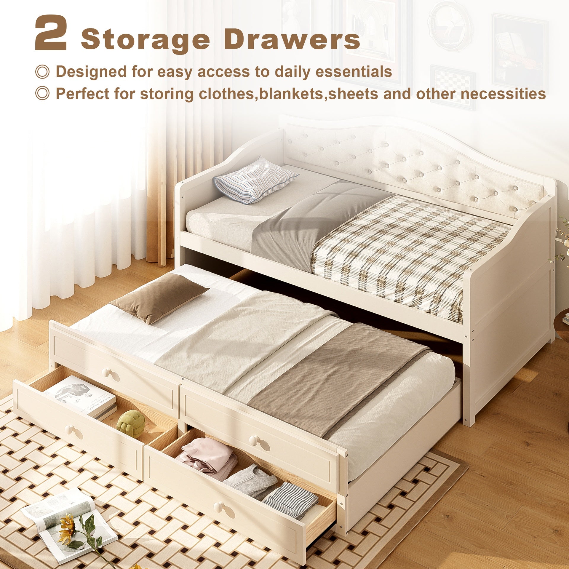Twin Daybed with Trundle, Twin Size Daybed with 2 Storage Drawers, Wooden Sofa Bed with Upholstered Button Tufted Backrest for Living Room, Bedroom, Guest Room,Beige