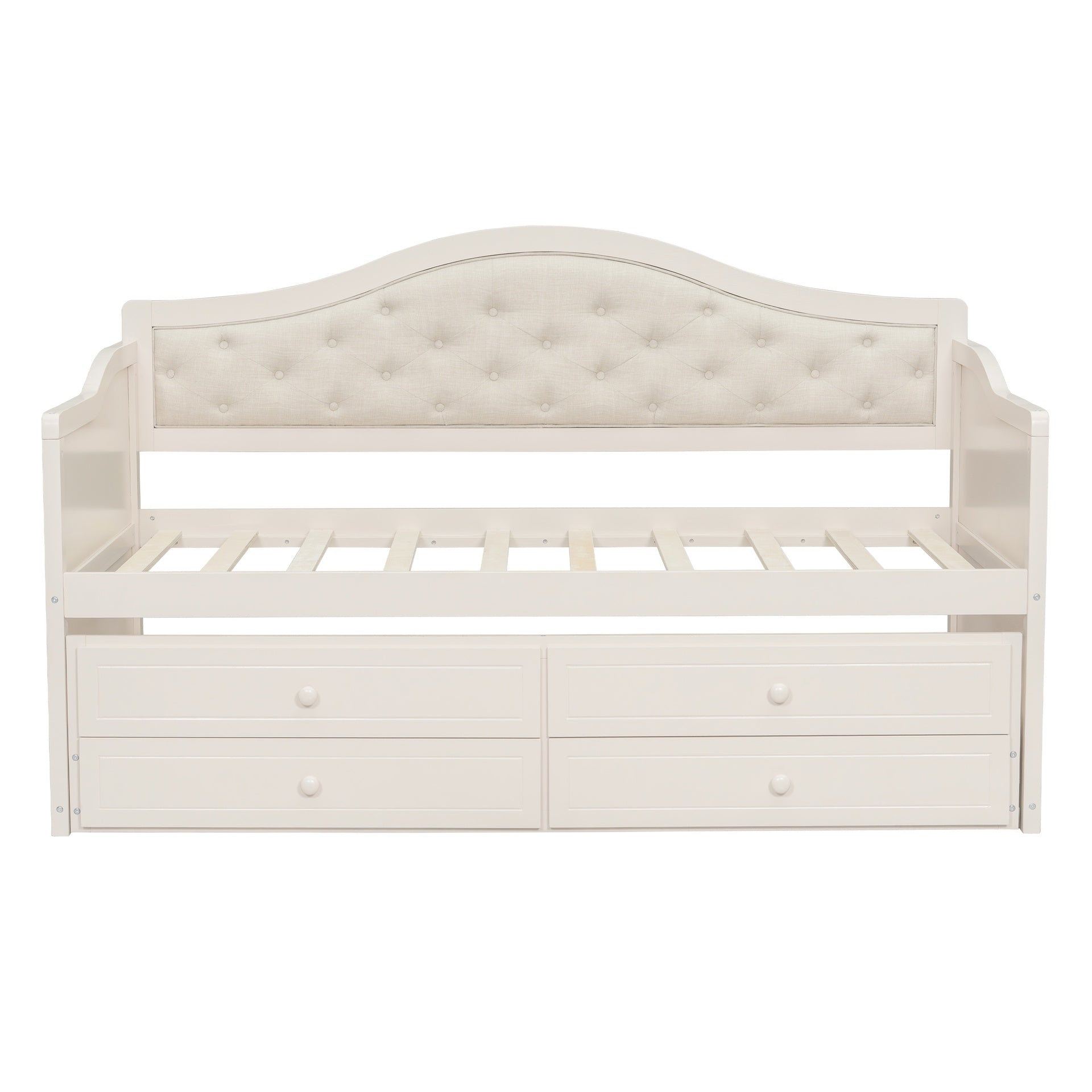Twin Daybed with Trundle, Twin Size Daybed with 2 Storage Drawers, Wooden Sofa Bed with Upholstered Button Tufted Backrest for Living Room, Bedroom, Guest Room,Beige