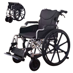 Aluminum Alloy Transport Wheelchair. 18" Seats. With front and Rear Locking Hand Brakes. 24" Quick Remove Rear Wheel.Bright Silver