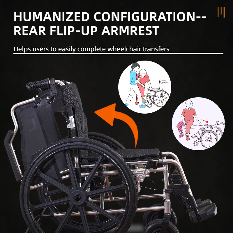 Aluminum Alloy Transport Wheelchair. 18" Seats. With front and Rear Locking Hand Brakes. 24" Quick Remove Rear Wheel.Bright Silver