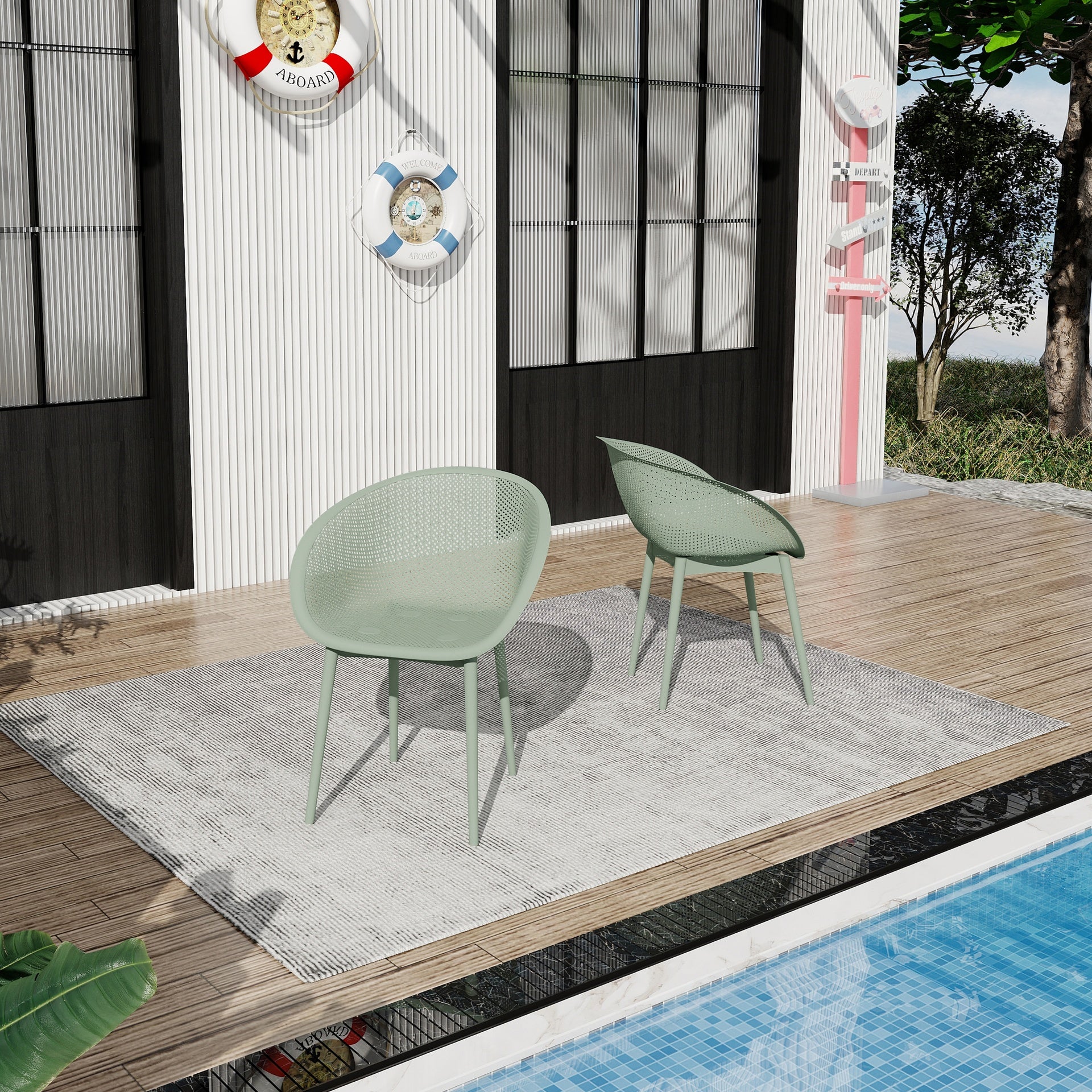 Holiday - 2-Pack Modern Lounge Chairs – Indoor/Outdoor All-Weather PP Plastic, Lightweight  for Patio, Beach, Living Room (Pale Green)