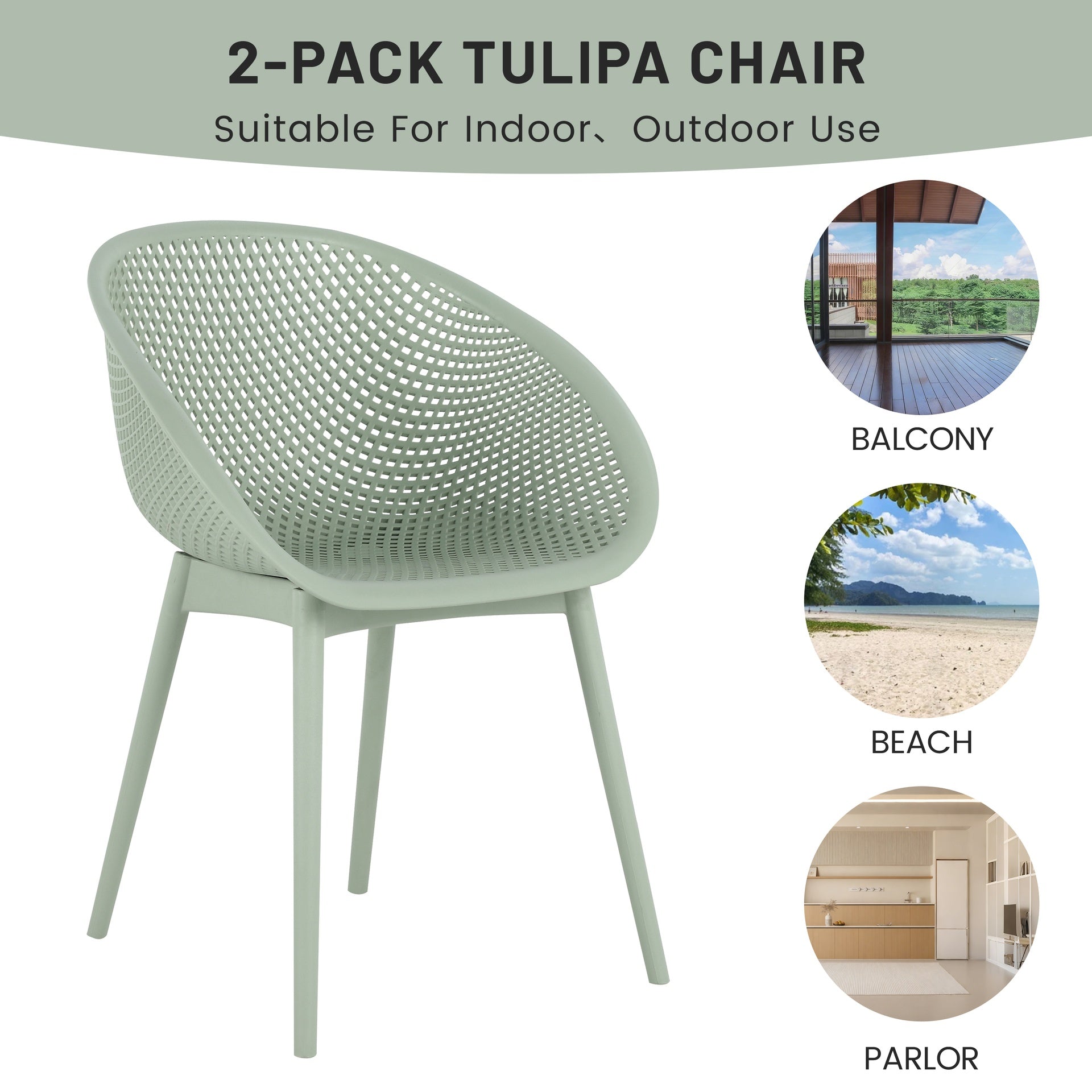 Holiday - 2-Pack Modern Lounge Chairs – Indoor/Outdoor All-Weather PP Plastic, Lightweight  for Patio, Beach, Living Room (Pale Green)