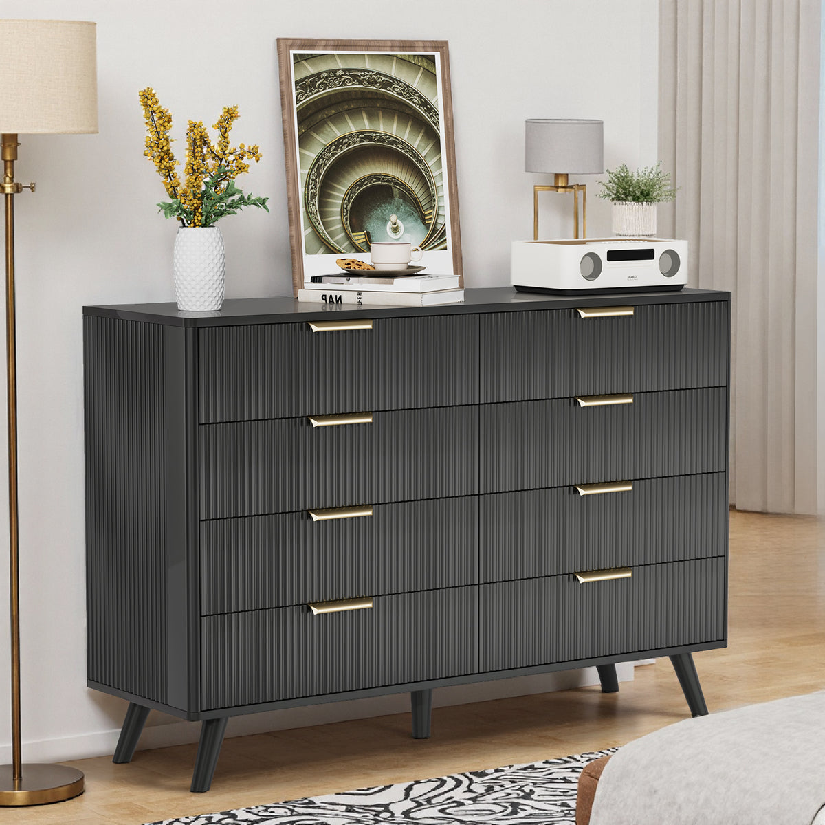 8 Drawer Dresser for Bedroom, Fluted Wooden Chest of Drawers for Children's Room,  Nursery, Entrance, Black, 47.2"W x 15"D x 35.4"H