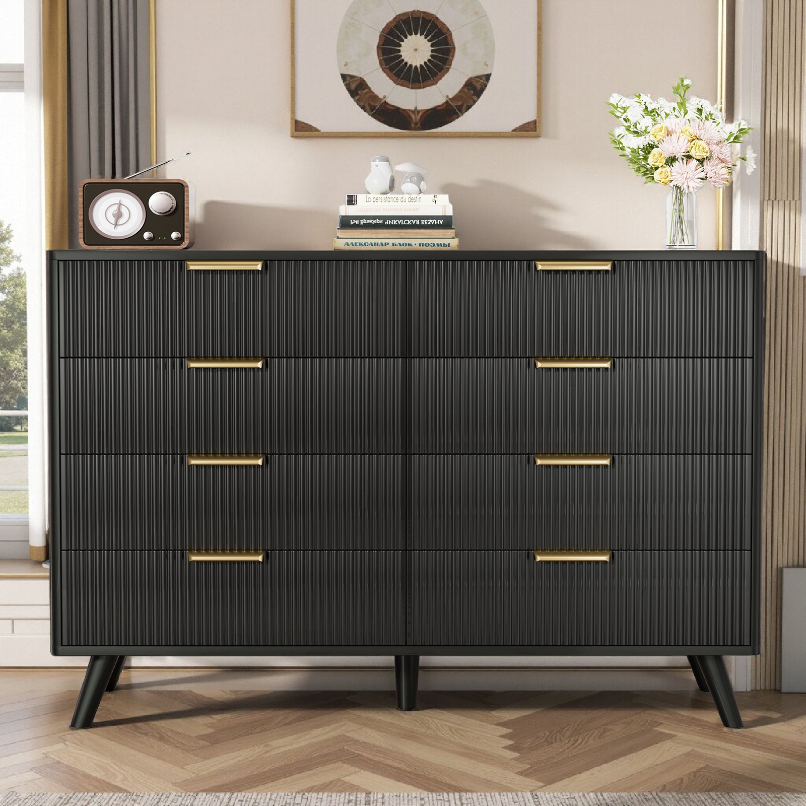 8 Drawer Dresser for Bedroom, Fluted Wooden Chest of Drawers for Children's Room,  Nursery, Entrance, Black, 47.2"W x 15"D x 35.4"H