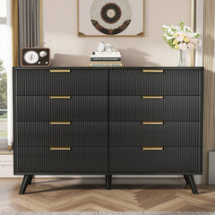 8 Drawer Dresser for Bedroom, Fluted Wooden Chest of Drawers for Children's Room,  Nursery, Entrance, Black, 47.2"W x 15"D x 35.4"H