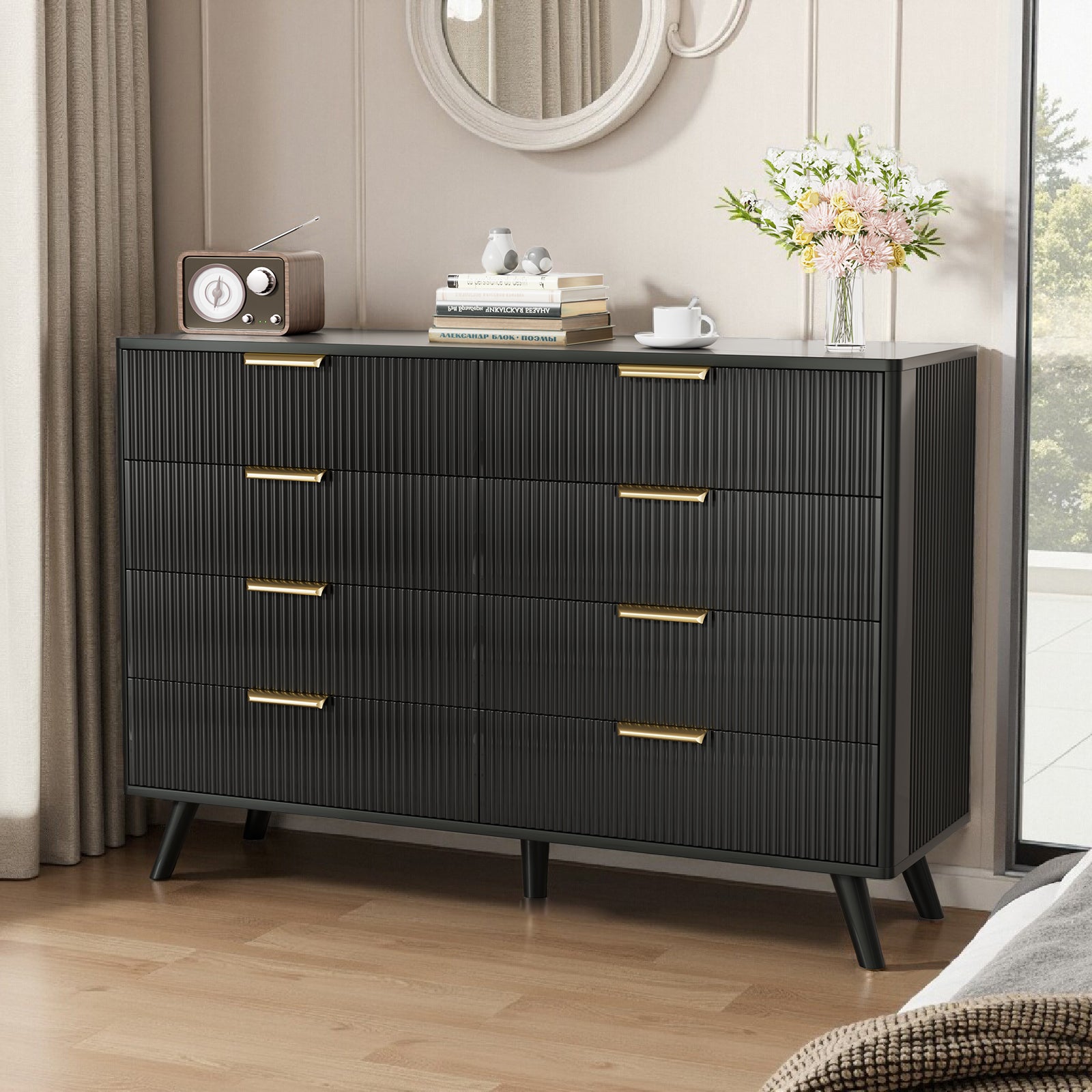8 Drawer Dresser for Bedroom, Fluted Wooden Chest of Drawers for Children's Room,  Nursery, Entrance, Black, 47.2"W x 15"D x 35.4"H