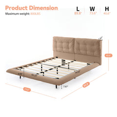 Queen Size Upholstered Floating Bed Frame with LED Lights, Pu Leather Platform Bed with Button-Tufted Headboard, Easy Assembly, No Box Spring Needed, Khaki