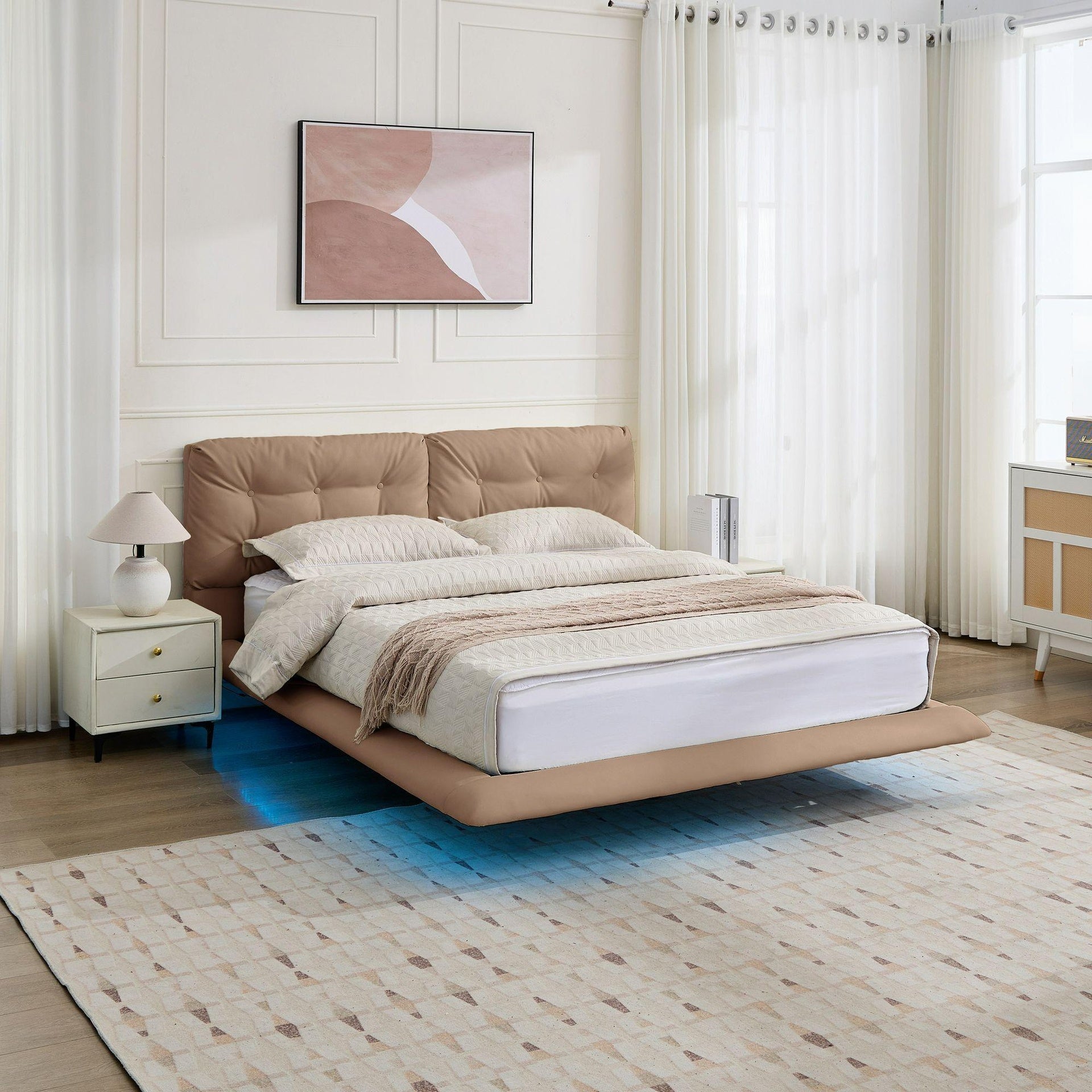 Queen Size Upholstered Floating Bed Frame with LED Lights, Pu Leather Platform Bed with Button-Tufted Headboard, Easy Assembly, No Box Spring Needed, Khaki