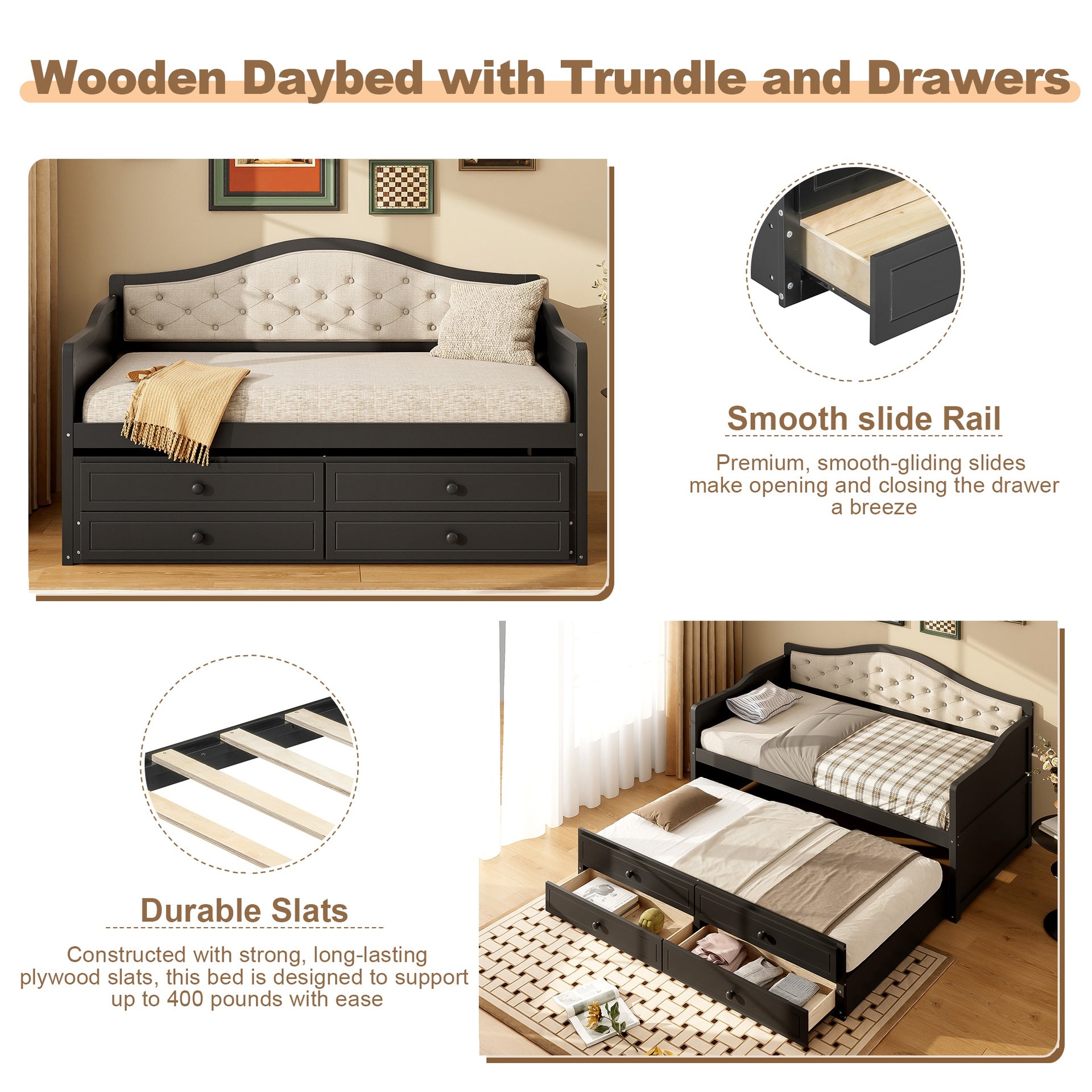 Twin Daybed with Trundle, Twin Size Daybed with 2 Storage Drawers, Wooden Sofa Bed with Upholstered Button Tufted Backrest for Living Room, Bedroom, Guest Room,Black