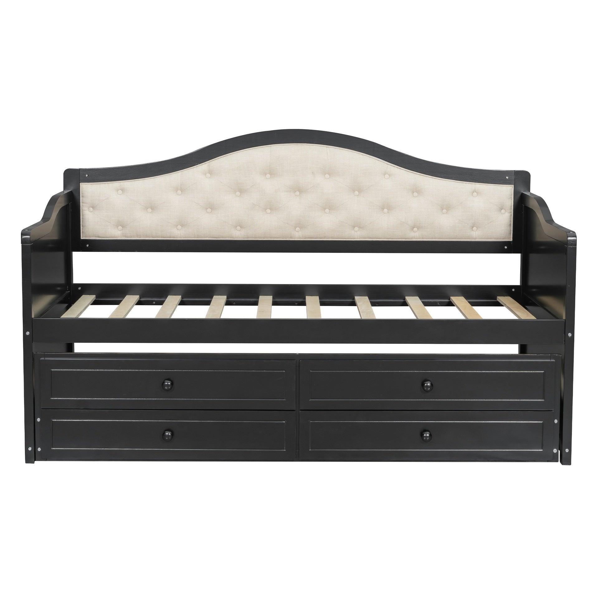 Twin Daybed with Trundle, Twin Size Daybed with 2 Storage Drawers, Wooden Sofa Bed with Upholstered Button Tufted Backrest for Living Room, Bedroom, Guest Room,Black