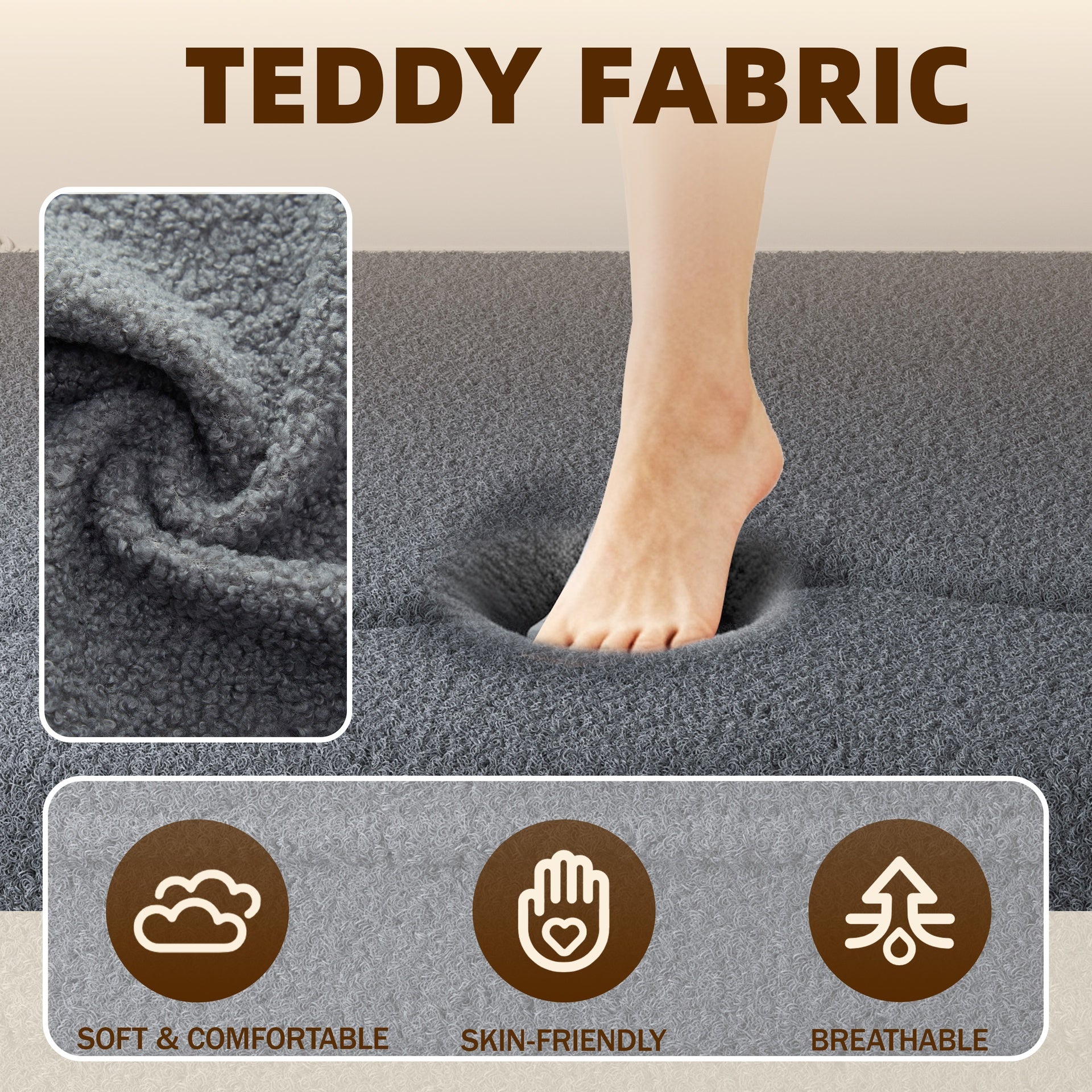 Modern Floor Sofa with 2 Pillows,Convertible Teddy Fabric Foam-Filled Sleeper Sofa Bed,15" Twin Size Folding Mattress for Living Room,Guest Bed,Playroom,no assembly required,Dark Grey