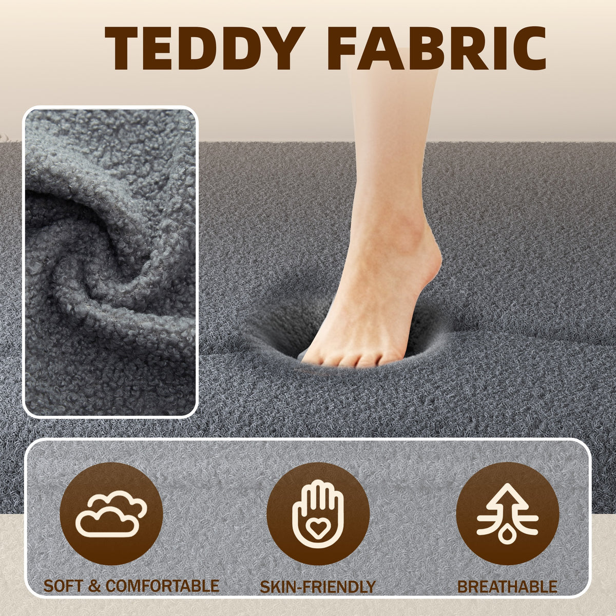 Modern Floor Sofa with 2 Pillows,Convertible Teddy Fabric Foam-Filled Sleeper Sofa Bed,15" Twin Size Folding Mattress for Living Room,Guest Bed,Playroom,no assembly required,Dark Grey