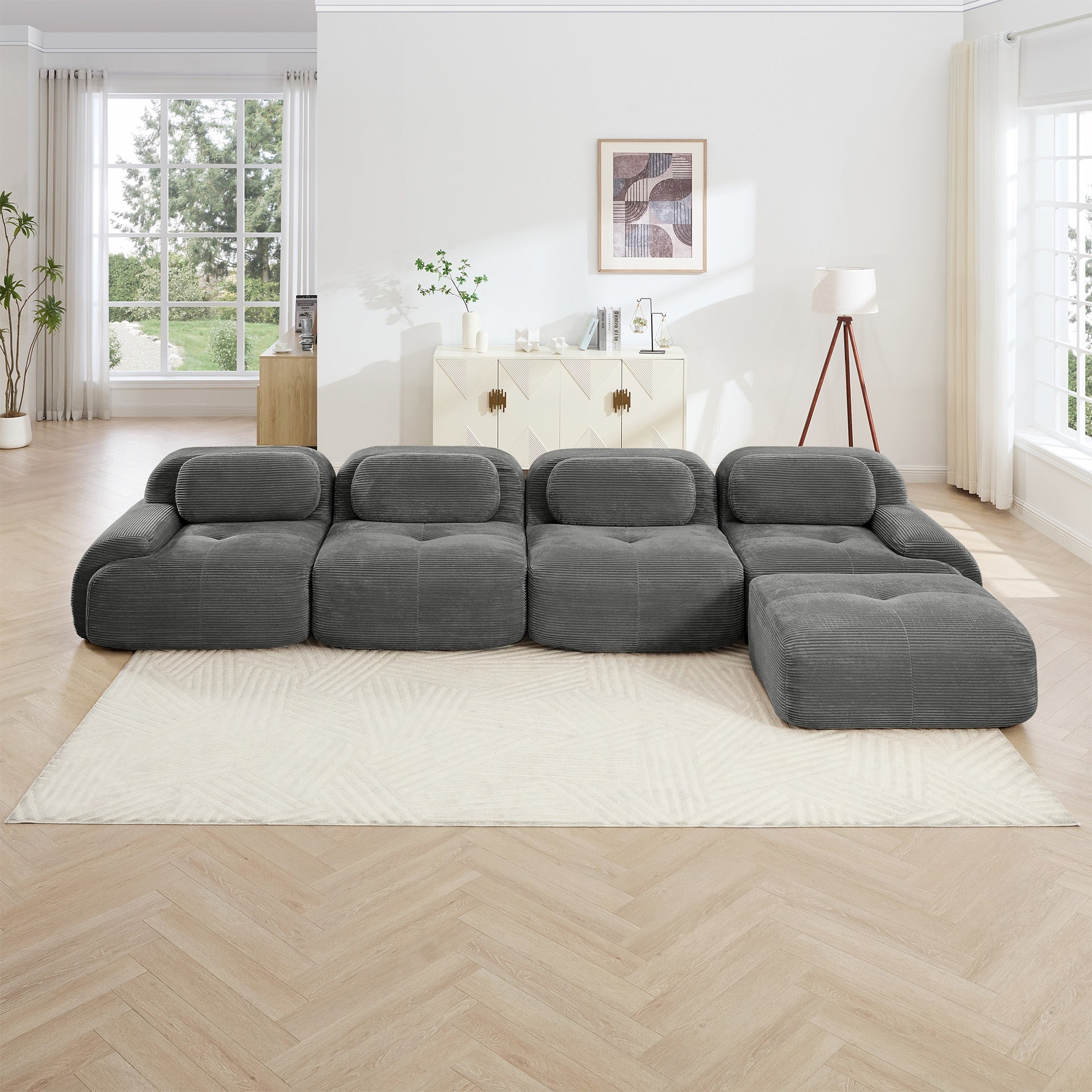 4-seat L-shaped sofa 32D high-resilience sponge anti-slip design chaise design extra-wide curved armrests multi-free combination no assembly for studies living rooms media rooms,Grey