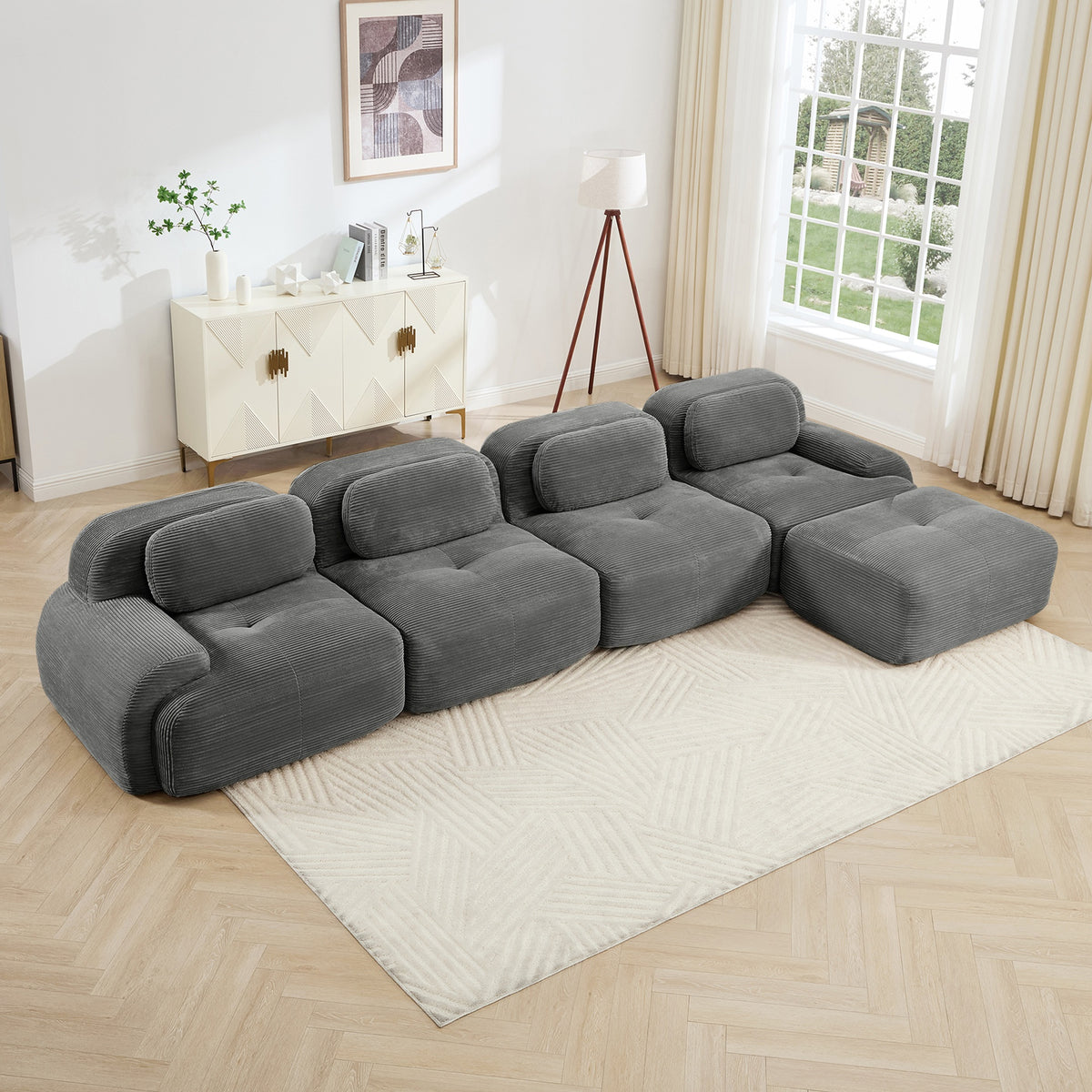4-seat L-shaped sofa 32D high-resilience sponge anti-slip design chaise design extra-wide curved armrests multi-free combination no assembly for studies living rooms media rooms,Grey