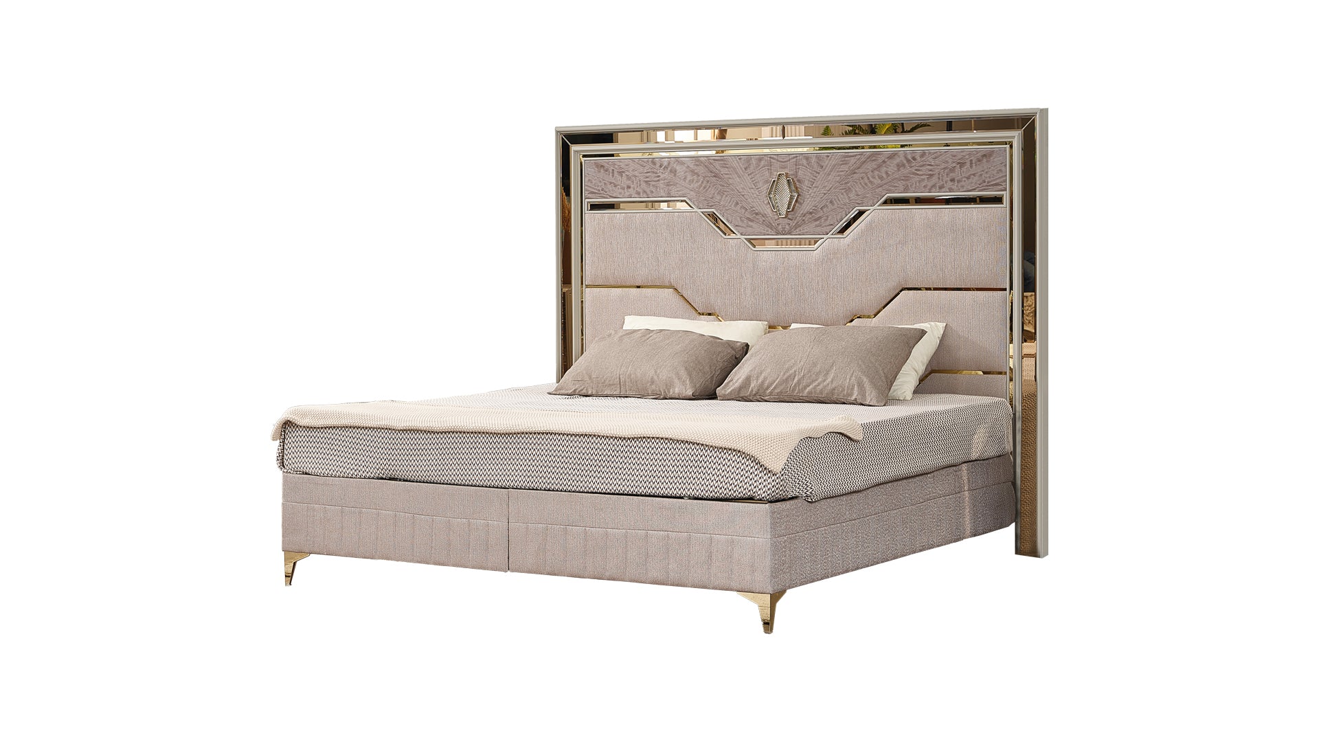 Omari Modern Style 4 Pc Queen Upholstered Bedroom Set Made with Wood and Gold Accents in Beige (NJ Inventory)