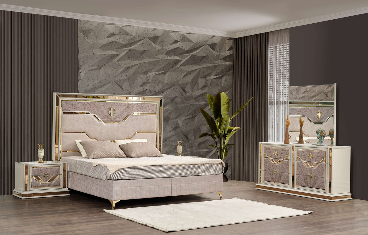 Omari Modern Style 4 Pc Queen Upholstered Bedroom Set Made with Wood and Gold Accents in Beige (NJ Inventory)