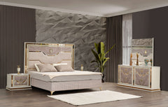 Omari Modern Style 4 Pc Queen Upholstered Bedroom Set Made with Wood and Gold Accents in Beige (NJ Inventory)