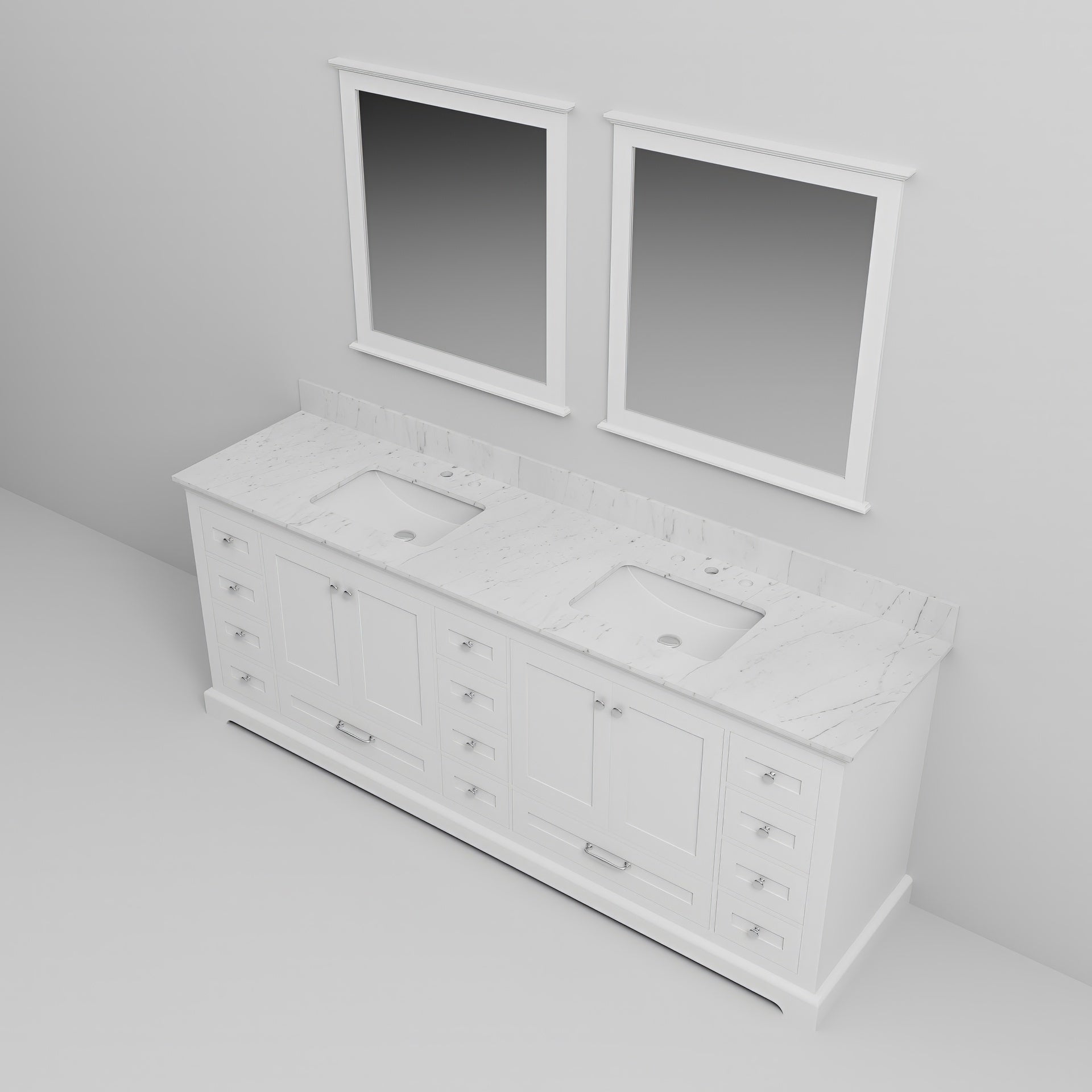 White Double Bath Vanity 84 in. W x 22 in. D, Carrara Marble Top, and 34 in. Mirrors