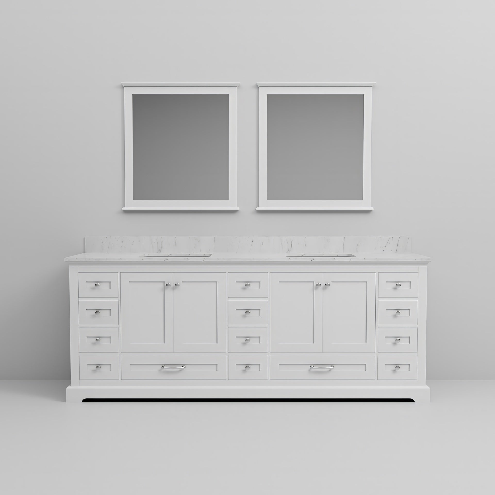 White Double Bath Vanity 84 in. W x 22 in. D, Carrara Marble Top, and 34 in. Mirrors